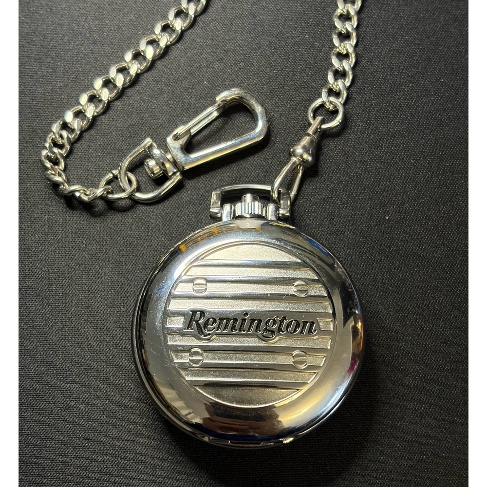 Remington Pocket Watch Mens OS Silver Tone Hunter Case Chain Vintage Style